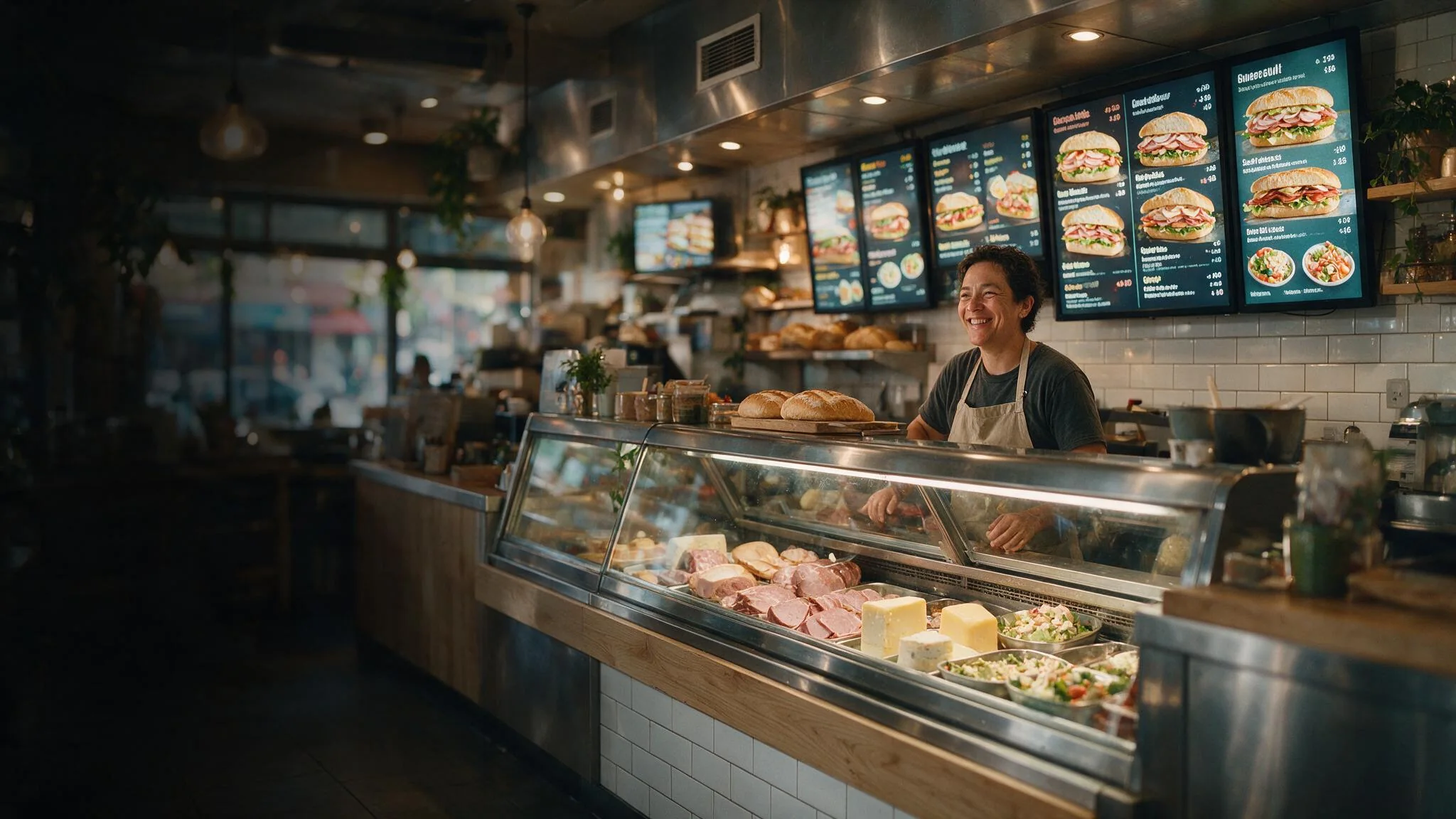 A shop owner behind a deli counter with digital menu boards above