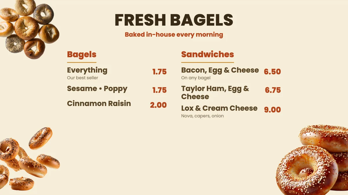 A bagel shop menu board playing on screen while the connection is down