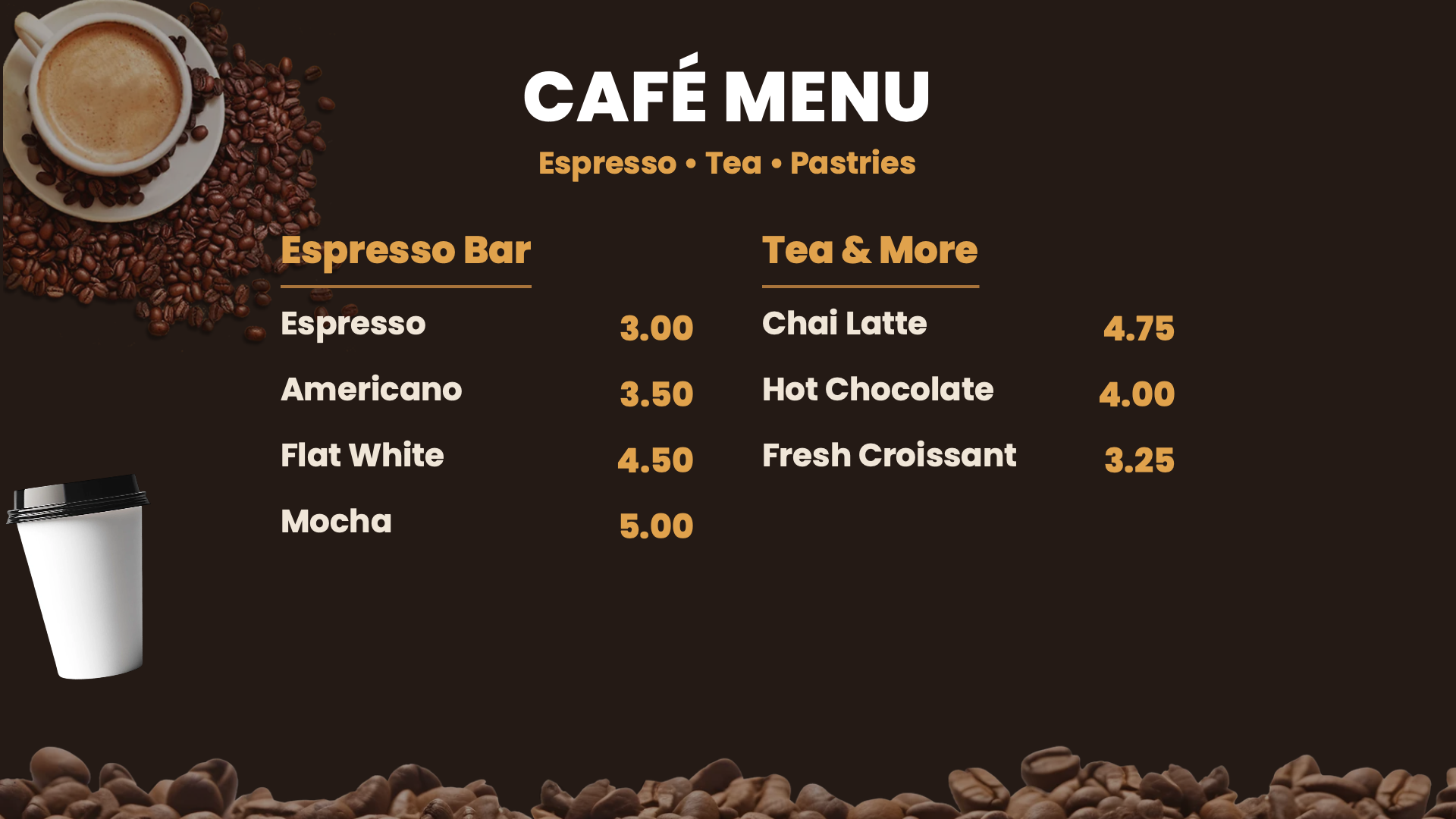Café menu board designed in the ADigital Menu Designer