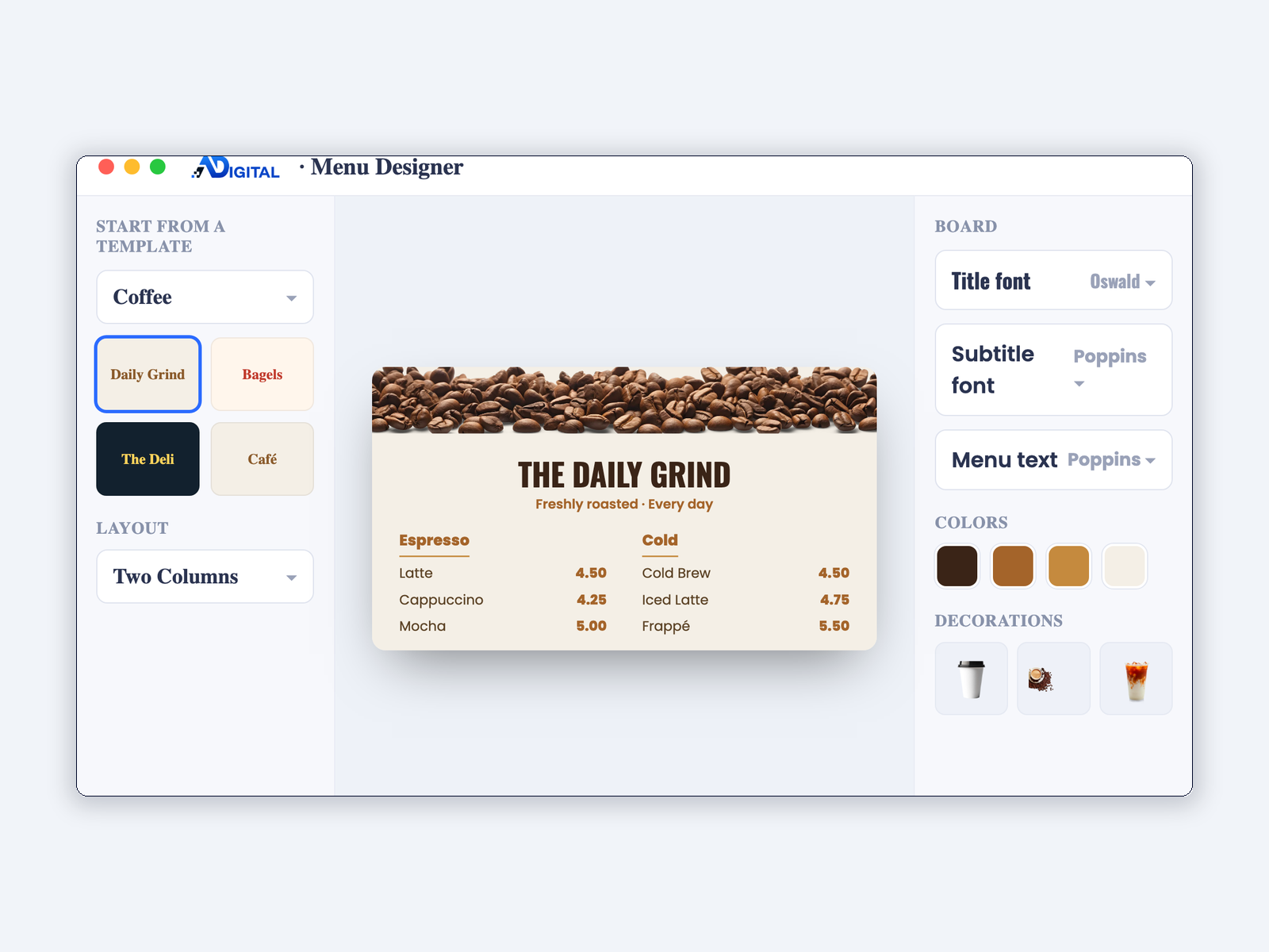 The ADigital Menu Designer