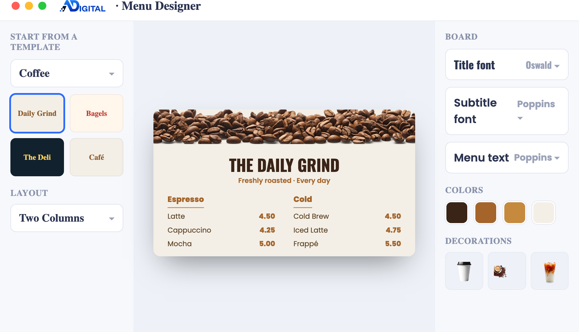 Designing a menu board in the ADigital Menu Designer