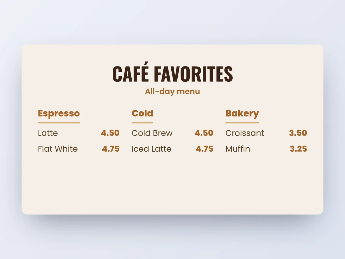 A three-column café menu board designed in ADigital