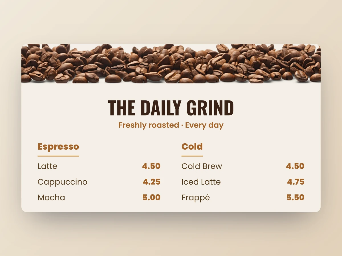 A coffee menu board designed in ADigital