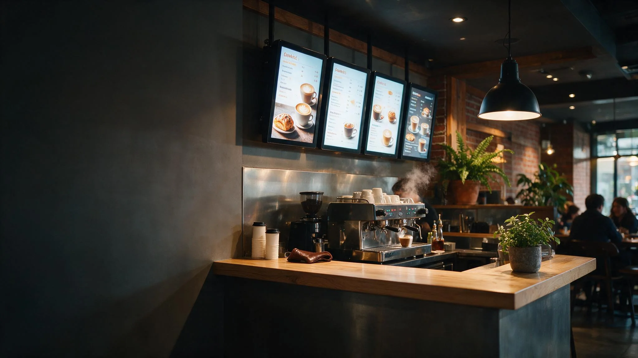 Digital menu boards glowing above a café counter