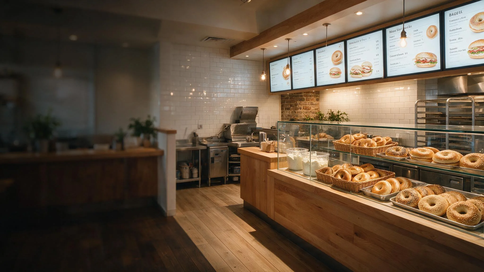 Digital menu boards on the back wall of a bagel shop with fresh bagels in the case