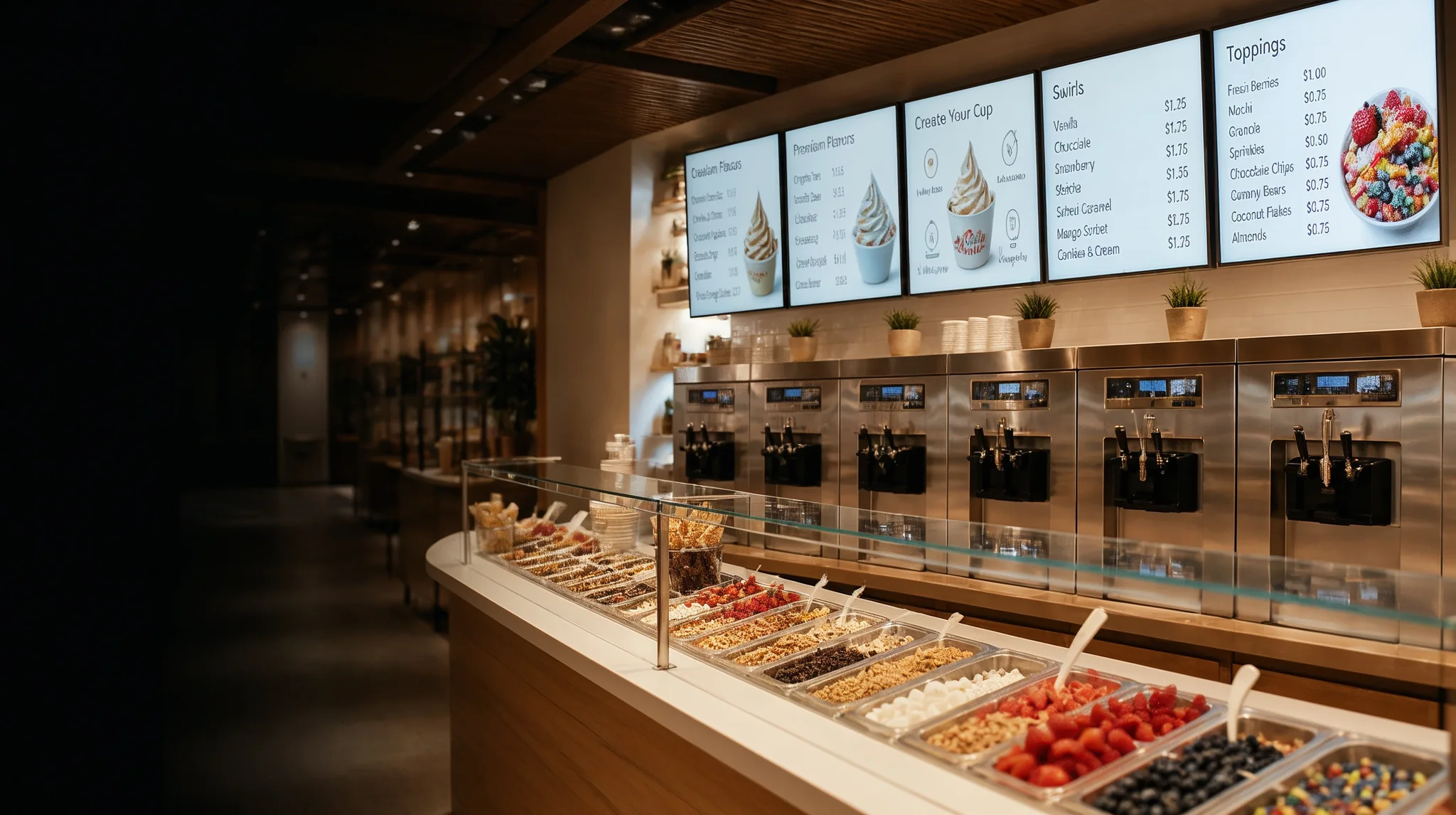 Digital menu boards above the toppings bar in a frozen-yogurt shop