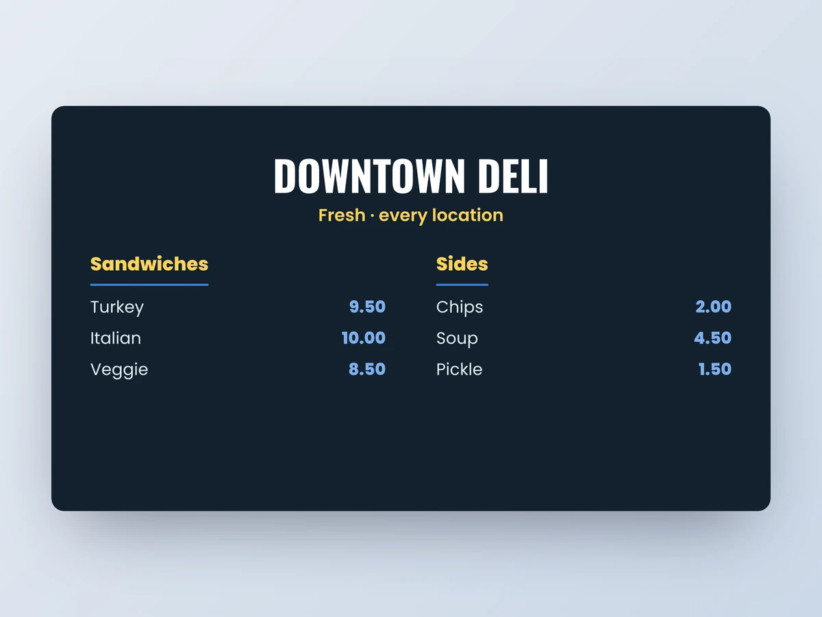 A deli menu board designed in ADigital