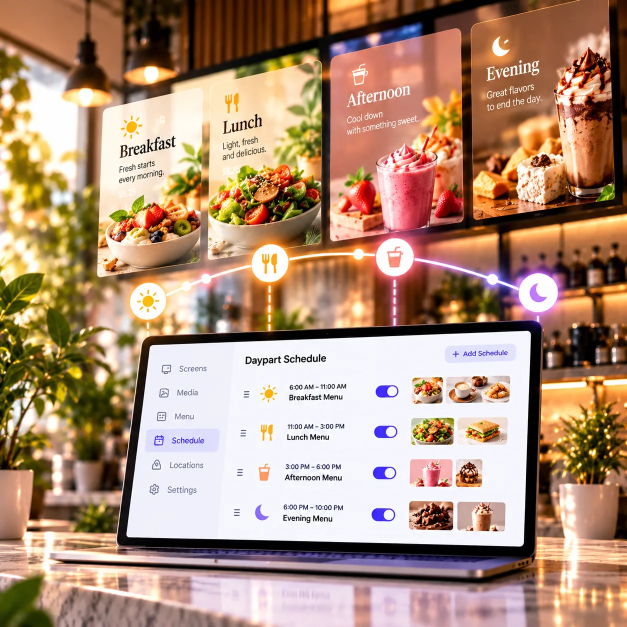 Daypart scheduling digital menu board feature illustration