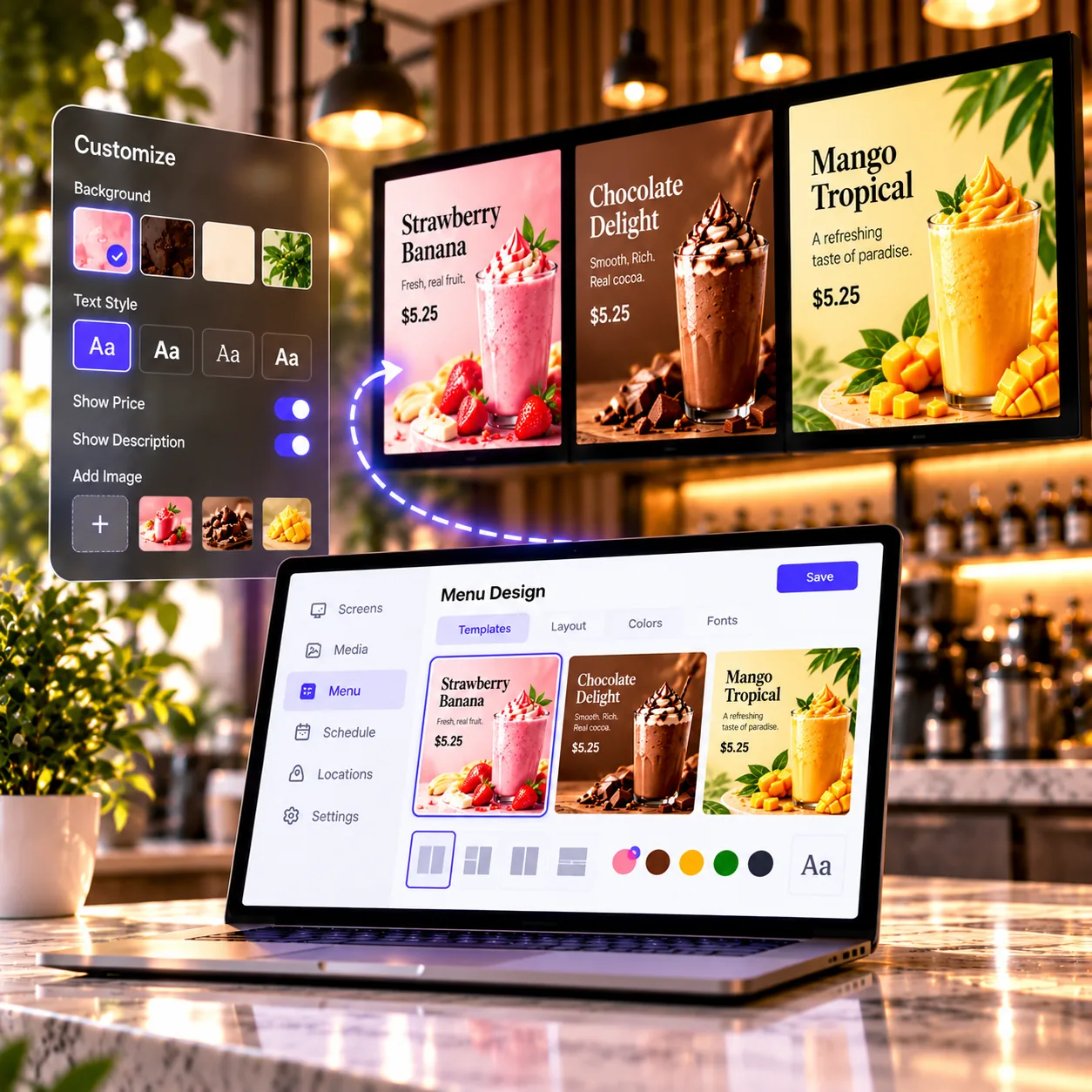 Menu design digital menu board feature illustration