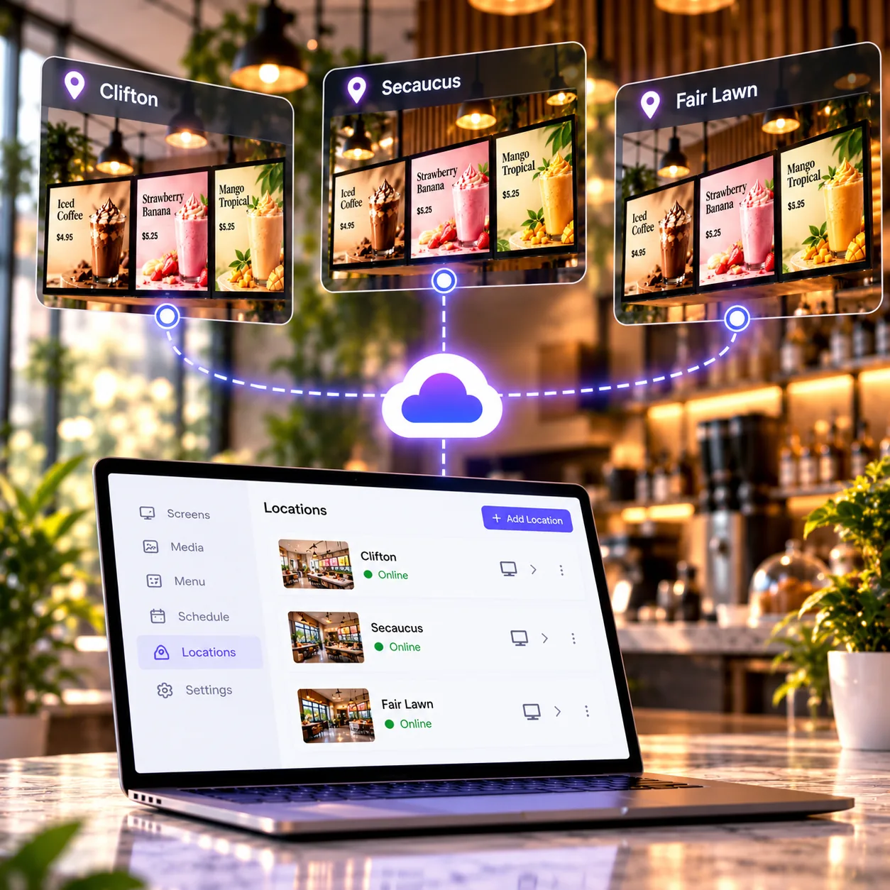 Multi-location control digital menu board feature illustration