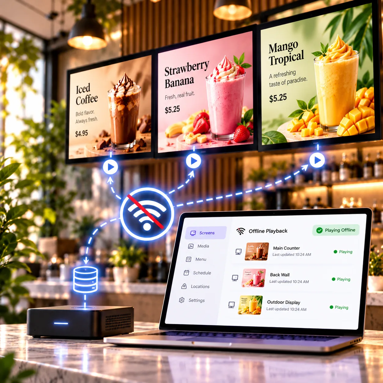 Offline playback digital menu board feature illustration