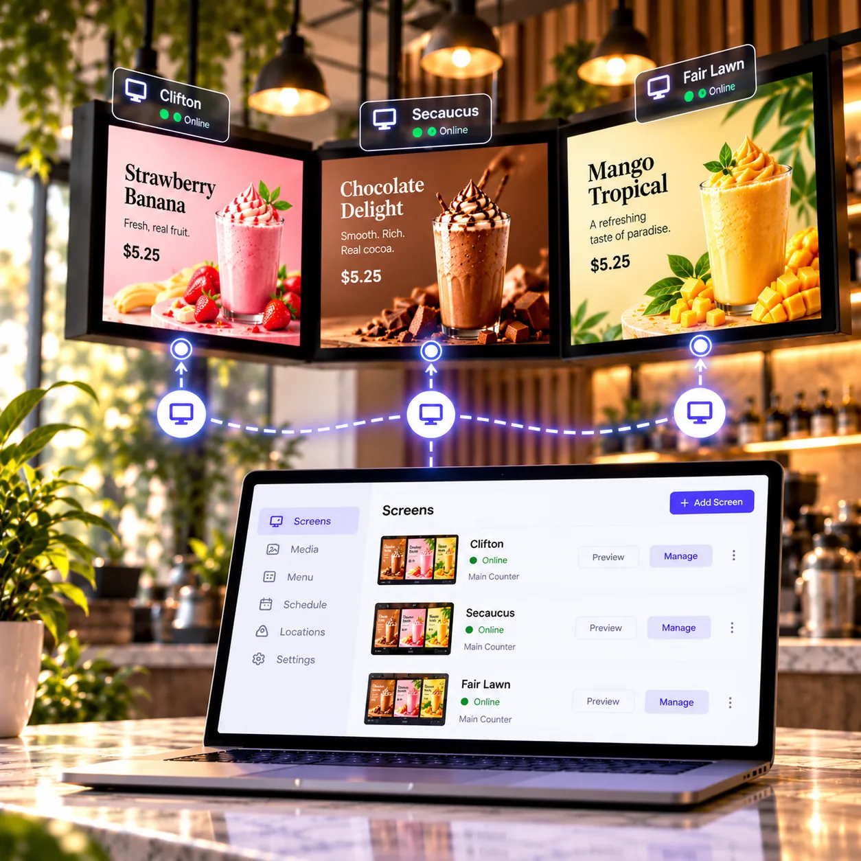 Screen management digital menu board feature illustration