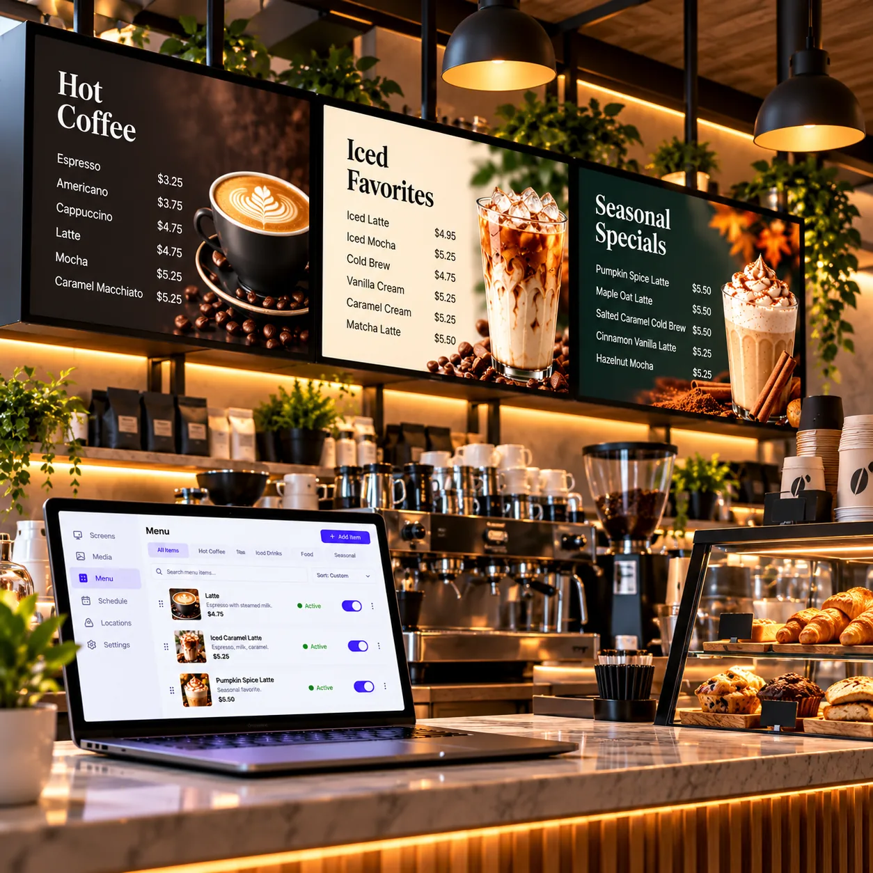 Digital menu screens for coffee shops