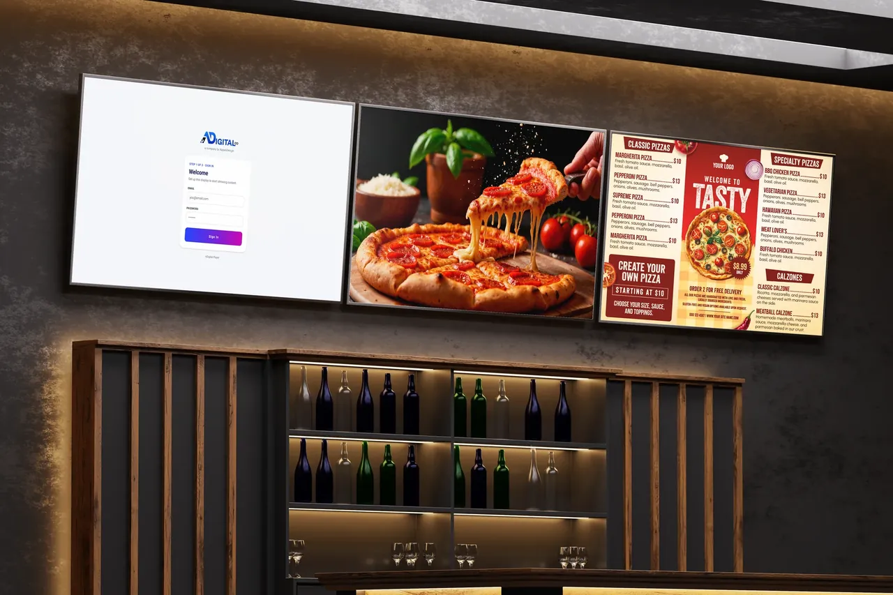 ADigital menu board mounted over a service counter