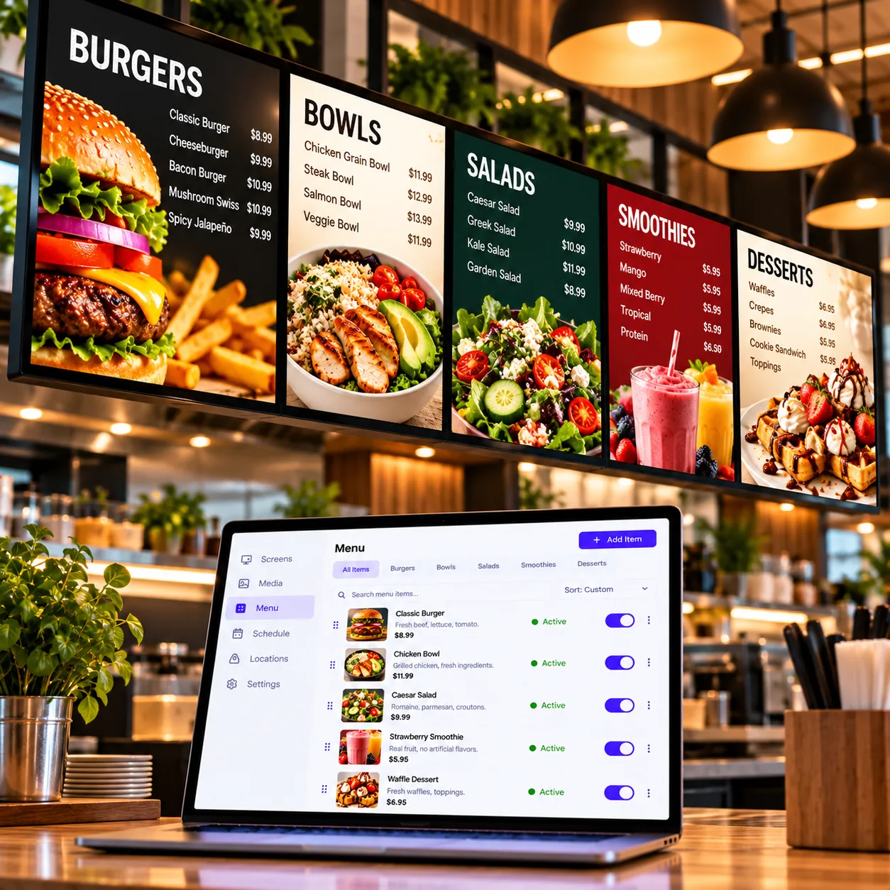 Digital menu boards displaying colorful restaurant offerings