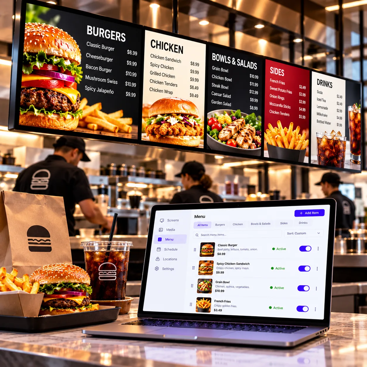 Digital menu screens for quick service